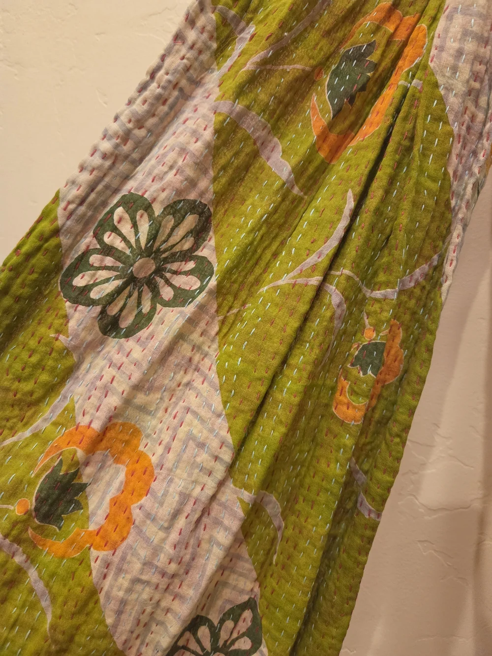 Handcrafted Green And Red Floral Kantha Scarf Shawl